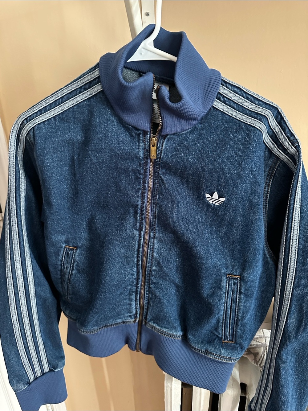 adidas Dark Blue Denim Track Jacket with White Trefoil
